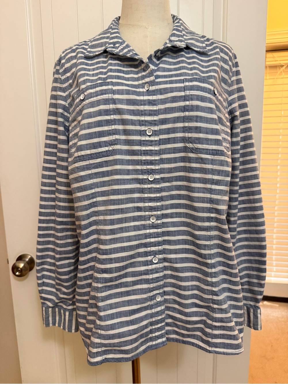 Duluth Trading Co Blue and White Striped Button-Down Shirt